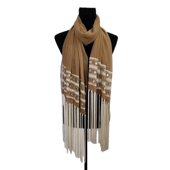 Large Rectangular Nude Chiffon Scarf Embroidered With Fringes & Mirrors - Picture 1 of 4